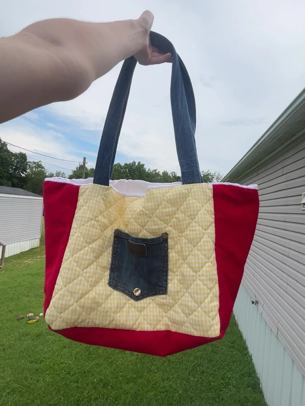 Casual Quilted Tote Bag with Denim Pocket - Red, Yellow, Teal